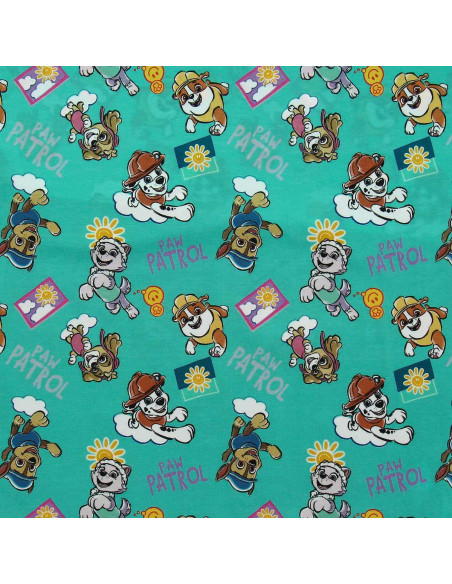 Jersey stof Paw Patrol - Zon op turquoise blauwe achtergrond