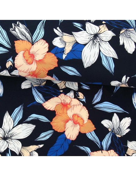 Lycra badpakstof - Bloemen op zwarte achtergrond