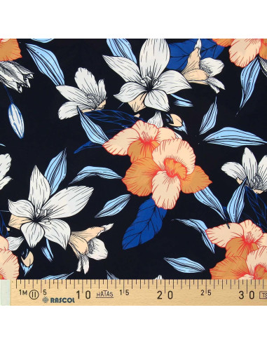 Lycra badpakstof - Bloemen op zwarte achtergrond