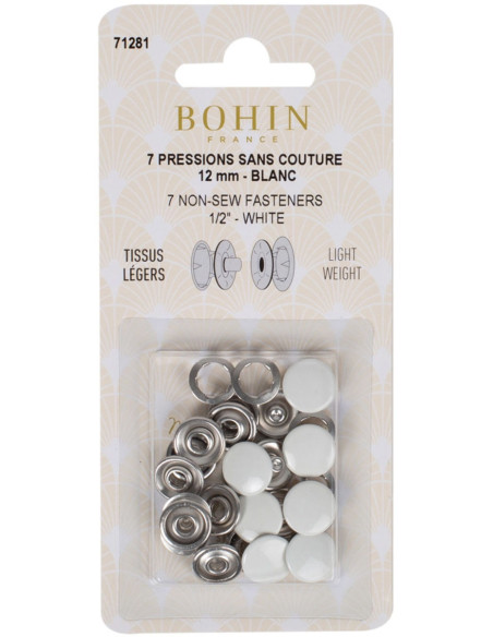 Doos met 7 naadloze jersey drukknopen 12 mm Bohin - Wit