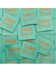Set van 5 geweven labels om op te naaien Hallo Schoonheid - Turquoise