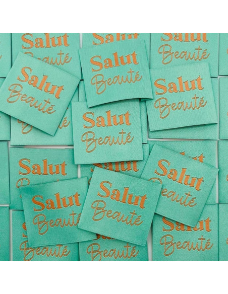 Set van 5 geweven labels om op te naaien Hallo Schoonheid - Turquoise