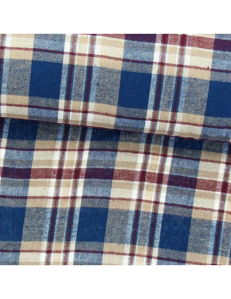 Schotse tartan flanel stof - Blauw, beige en rood