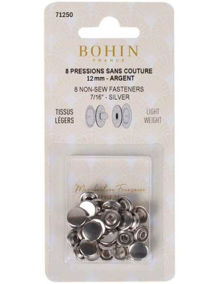 Doos met 8 naadloze jersey drukknopen 12 mm Bohin - Zilver
