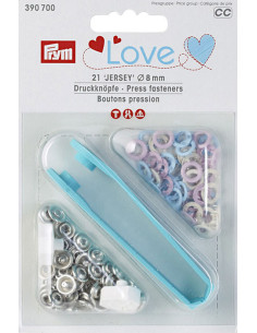 Doos met 21 jersey drukknopen in roze, blauw en ecru met 8 mm gereedschap