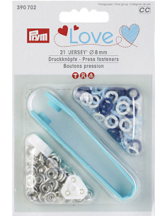 Doos met 21 drukknopen in wit, lichtblauw en marineblauw met 8 mm gereedschap.