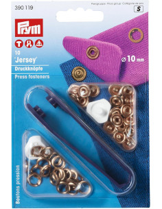 Doos met 10 koperen jersey drukknoopjes met gereedschap 10 mm