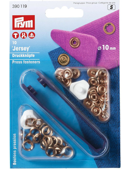 Doos met 10 koperen jersey drukknoopjes met gereedschap 10 mm