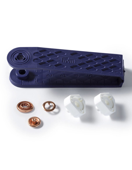 Doos met 10 koperen jersey drukknoopjes met gereedschap 10 mm