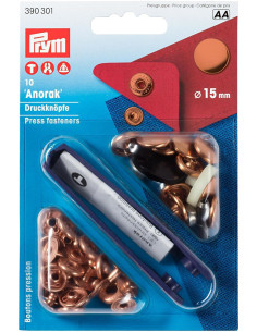 Doos met 10 anorak drukknopen Koper met gereedschap 15 mm