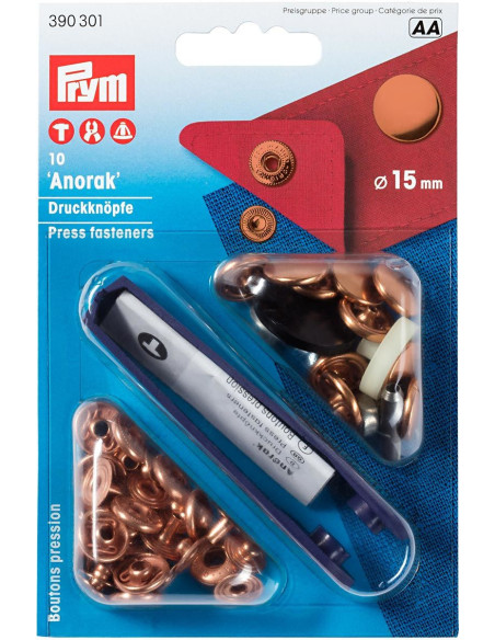 Doos met 10 anorak drukknopen Koper met gereedschap 15 mm