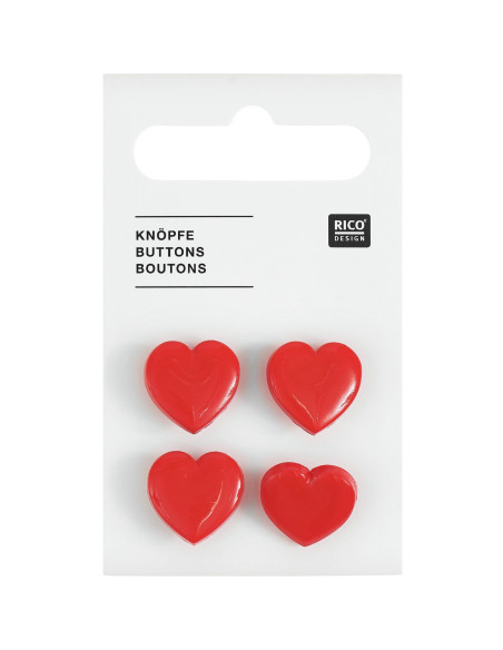 Kaart met 4 hartvormige knopen - Rood 15 x 15 mm