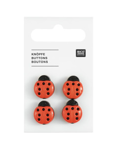 Kaart met 4 lieveheersbeestjes knopen - Rood 13 x 15 mm
