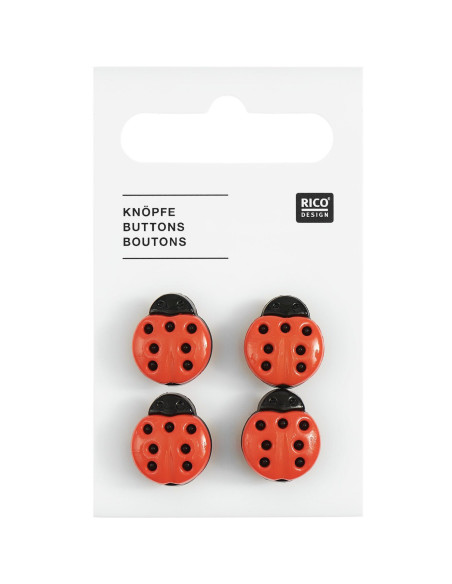 Kaart met 4 lieveheersbeestjes knopen - Rood 13 x 15 mm