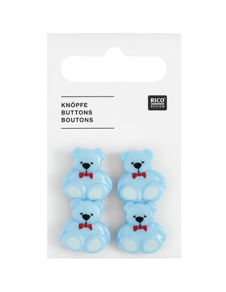 Kaart met 4 teddybeer knopen - Blauw 16 x 18 mm