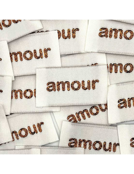 Set van 5 geweven labels om op te naaien Liefde - Brons
