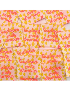 Set van 5 geweven labels om op te naaien Enkele woorden van liefde - Fluo