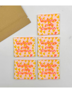 Set van 5 geweven labels om op te naaien Enkele woorden van liefde - Fluo 2