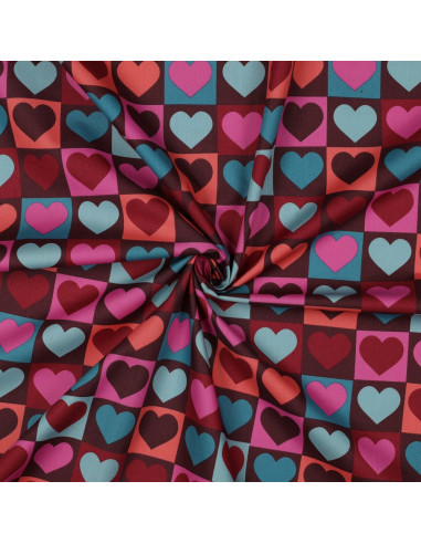 Katoenen popeline stof - Hart op bordeauxrode achtergrond