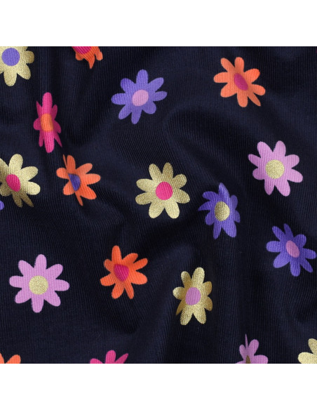 Fantasie ribfluweel stof - Bloemen op marineblauwe achtergrond