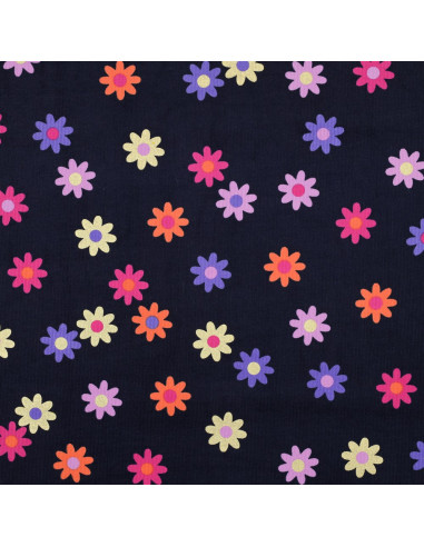 Fantasie ribfluweel stof - Bloemen op marineblauwe achtergrond