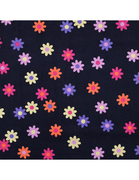 Fantasie ribfluweel stof - Bloemen op marineblauwe achtergrond