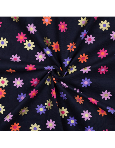 Fantasie ribfluweel stof - Bloemen op marineblauwe achtergrond