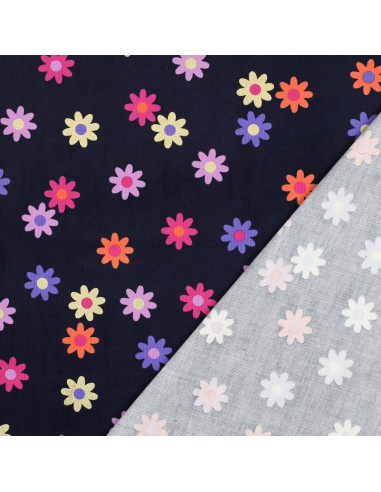 Fantasie ribfluweel stof - Bloemen op marineblauwe achtergrond