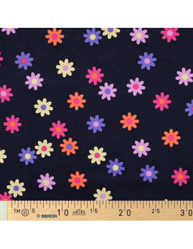 Fantasie ribfluweel stof - Bloemen op marineblauwe achtergrond