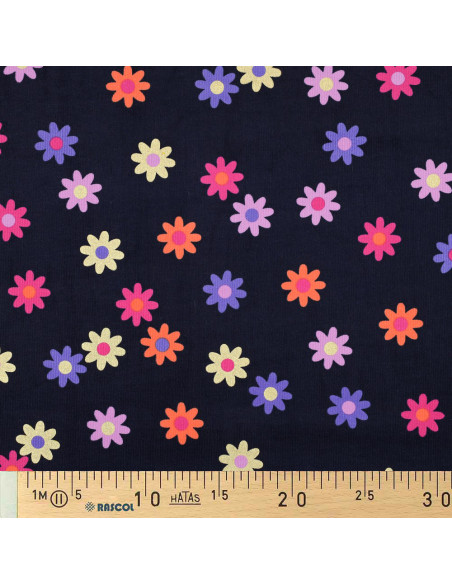Fantasie ribfluweel stof - Bloemen op marineblauwe achtergrond