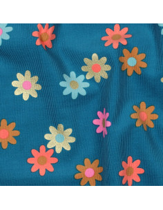 Fantasie ribfluweel stof - Bloemen op petrolblauwe achtergrond