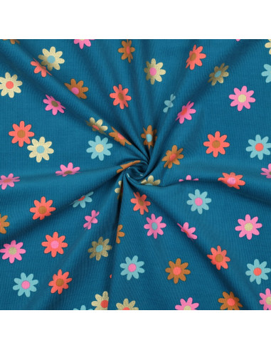 Fantasie ribfluweel stof - Bloemen op petrolblauwe achtergrond