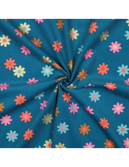 Fantasie ribfluweel stof - Bloemen op petrolblauwe achtergrond