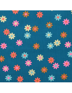 Fantasie ribfluweel stof - Bloemen op petrolblauwe achtergrond 2