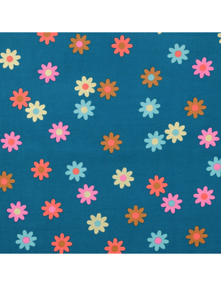 Fantasie ribfluweel stof - Bloemen op petrolblauwe achtergrond