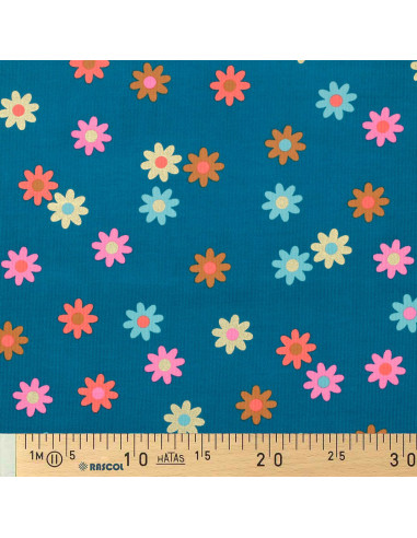 Fantasie ribfluweel stof - Bloemen op petrolblauwe achtergrond