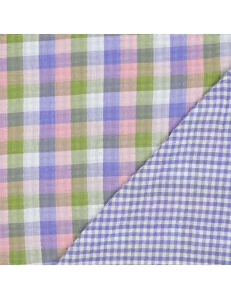 Dubbel gaze katoenen stof met ruiten - Roze en lavendel