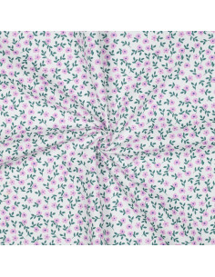 Katoenen popeline stof - Roze bloemen op witte achtergrond
