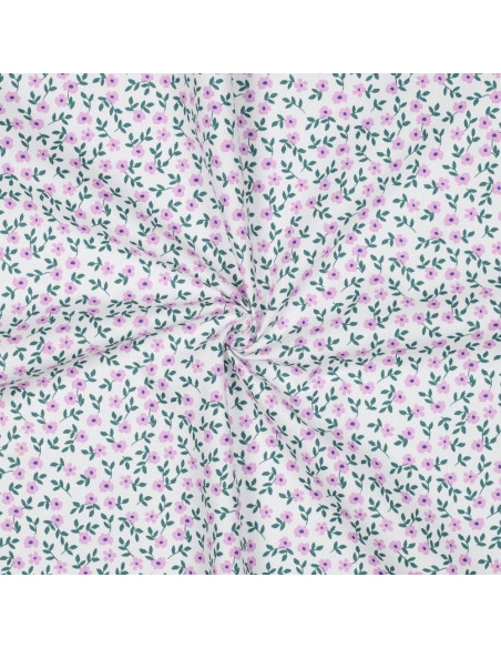 Katoenen popeline stof - Roze bloemen op witte achtergrond