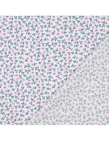 Katoenen popeline stof - Roze bloemen op witte achtergrond