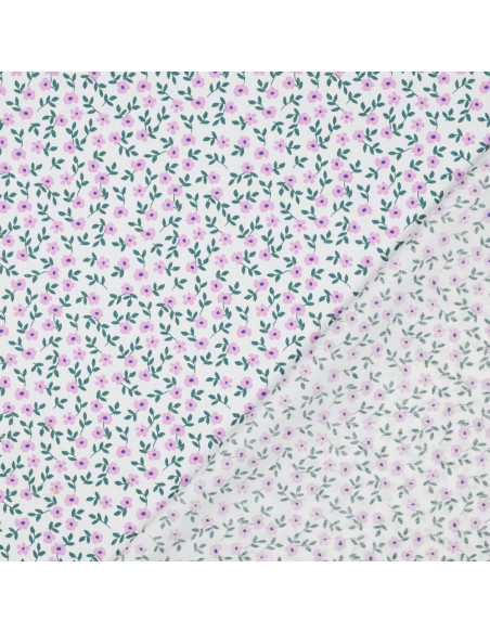 Katoenen popeline stof - Roze bloemen op witte achtergrond
