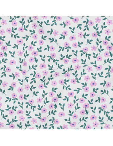 Katoenen popeline stof - Roze bloemen op witte achtergrond
