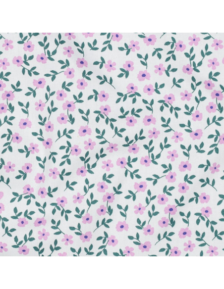 Katoenen popeline stof - Roze bloemen op witte achtergrond