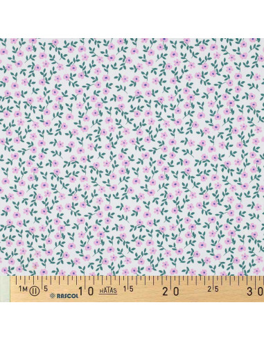 Katoenen popeline stof - Roze bloemen op witte achtergrond