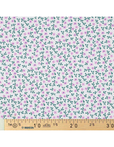 Katoenen popeline stof - Roze bloemen op witte achtergrond