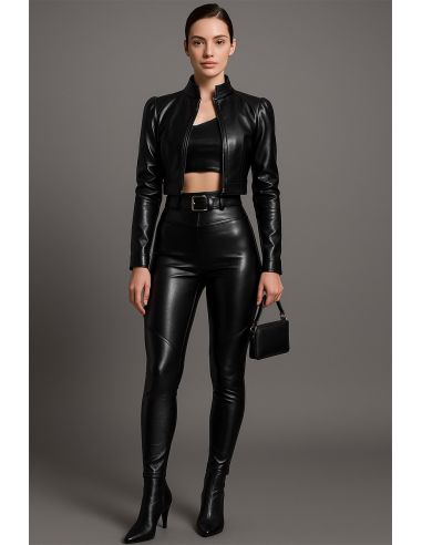 Glanzende stretch imitatiestof voor kleding - Zwart
