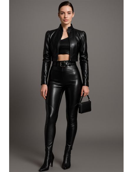 Glanzende stretch imitatiestof voor kleding - Zwart