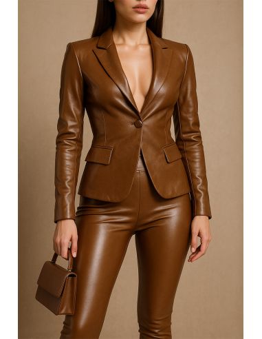 Glanzende stretch imitatiestof voor kleding - Sepia