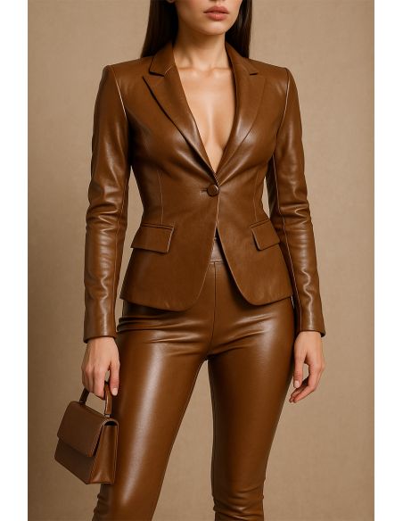 Glanzende stretch imitatiestof voor kleding - Sepia