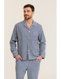 Flanellen stof met grote ruiten - Blauw en ecru 2